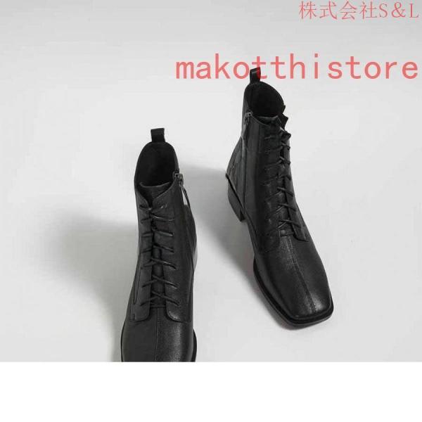 3.5CM 厚底 ショートブーツ 太ヒール 編み上げブーツ レースアップ 袴ブーツ S＆L 卒業式 衣装 ブーツ ハイヒール レディース 黒 白 スクエアヒール 履きやすい