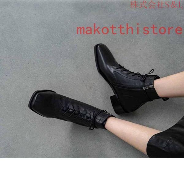 3.5CM 厚底 ショートブーツ 太ヒール 編み上げブーツ レースアップ 袴ブーツ S＆L 卒業式 衣装 ブーツ ハイヒール レディース 黒 白 スクエアヒール 履きやすい