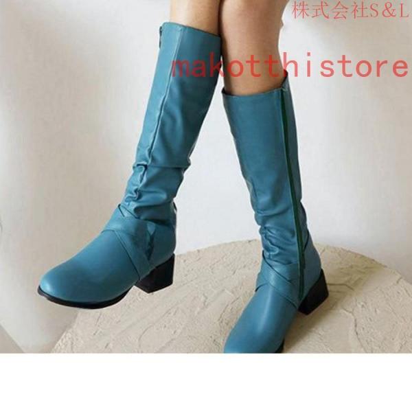 ジョッキーブーツストレートロングブーツキレイめローヒールサイドジッパーS＆L上品クロスベルトレディース靴厚底太ヒールチャンキーヒール美脚無地