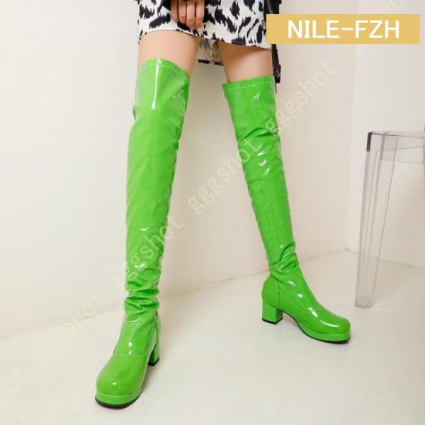 ストレッチブーツ ロング レディース ブーツ ローヒール エナメル