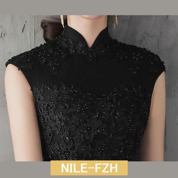 チャイナドレス 黒 ハイネック ロングドレス イブニングドレス