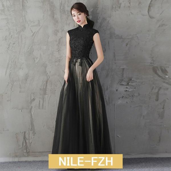 チャイナドレス 黒 ハイネック ロングドレス イブニングドレス ノースリーブ ブラック クローバー株式会社 発表会ドレス Aライン パーティードレス ワイン赤 結婚式ドレス 二次会 チャイナドレス 黒 ハイネック ロングドレス イブニングドレス