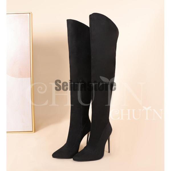 ロングブーツ レディース長靴 履きやすいニーハイブーツピンヒール