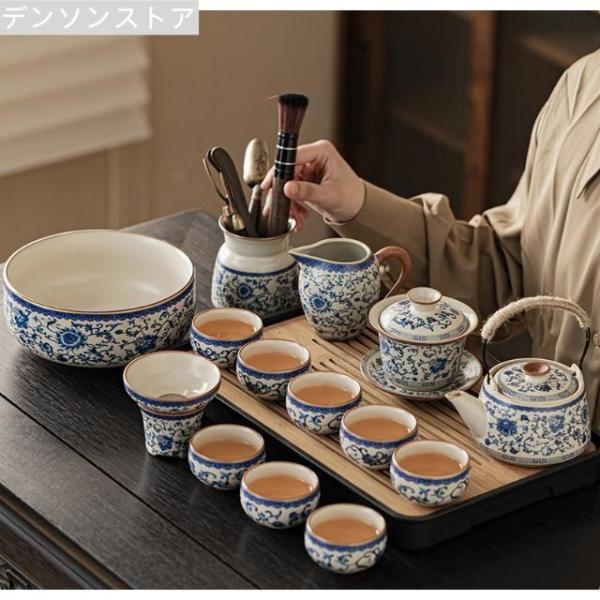 青い花柄 中国茶器セット 青と白の花柄 中国茶器セット 陶器製