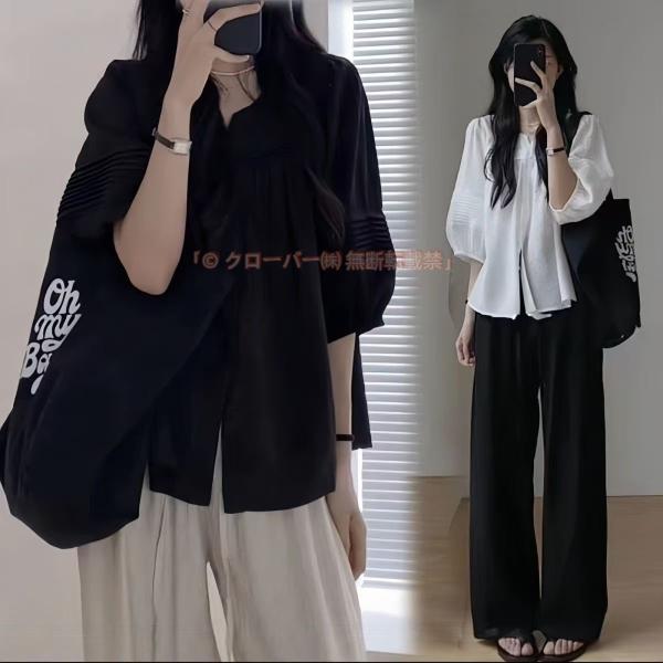 セットアップ レディース カジュアル 夏 大きいサイズ 上下セット シャツ クローバー株式会社 レディース ブラウス 五分袖 七分袖 パンツ 2点セット ゆったり 体型カバー 春 夏