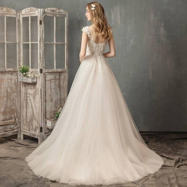 ウェディングドレス 背開き 編み上げ Aライン 花嫁 結婚式ドレス ロング クローバー株式会社 マキシ丈 花柄 チュール 姫系ドレス 20代30代40代 ウェディングドレス 背開き 編み上げ Aライン 花嫁 結婚式ドレス