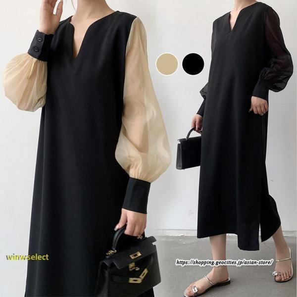 ワンピース レディース 夏物 シフォン 切り替えワンピース ロングワンピース ミモレ丈 クローバー株式会社 袖透け感 スリット オフィス 30代40代50代 ママ 入学式 卒業式 ワンピース レディース 夏物 シフォン 切り替えワンピース ロング