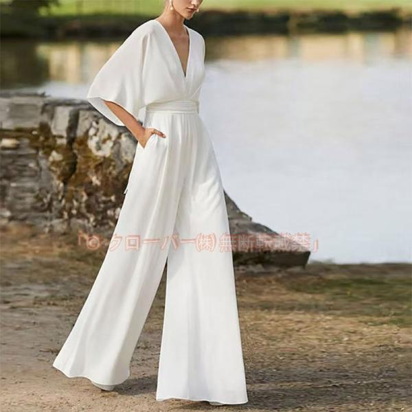 ウェディングドレス ウエディングドレス 二次会 結婚式 前撮り ブライダル ロングドレス クローバー株式会社 花嫁 パンツドレス ワイドパンツ 白 サテン Vネック