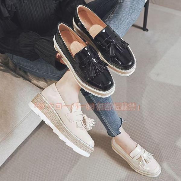 ローファー 革靴 レディース パンプス スリッポン 前厚プラットフォーム クッションイ クローバー株式会社 ンソール エナメル靴 厚底 ウェッジ タッセル おじ靴