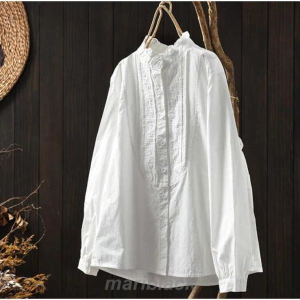 シャシャツ ブラウス レディース 春 夏 秋 長袖 クローバー株式会社 前開き シャツブラウス フリル襟 綿混 レース シャツブラウス コットン スタンドカラー 通勤 シャシャツ ブラウス レディース 春 夏 秋 長袖 クローバー株式会社 前