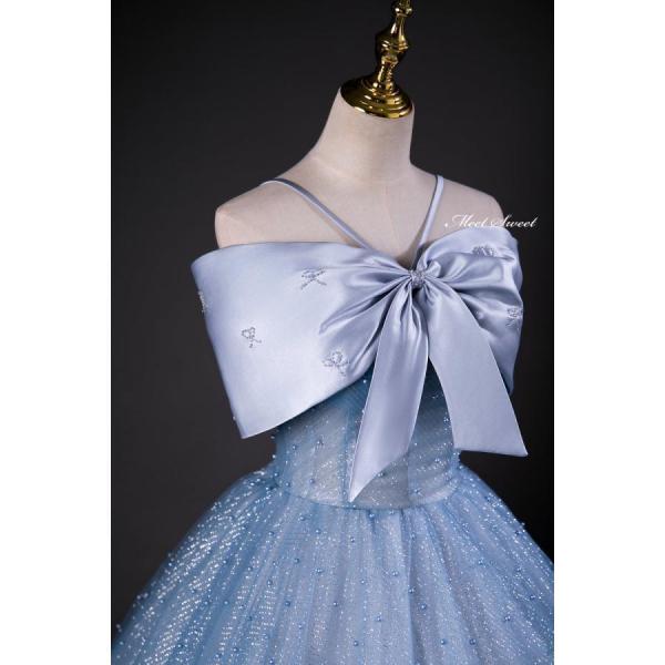 カラードレス ロングドレス プリンセスドレス ブルー フリル 結婚式