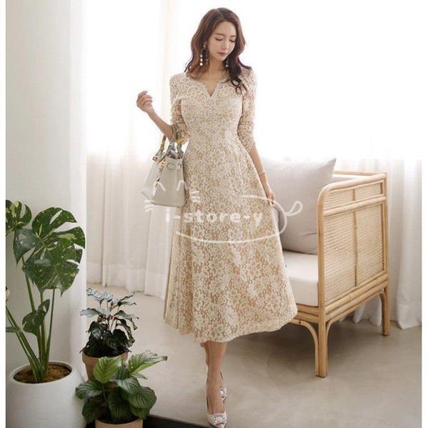 パーティードレス 結婚式 40代 20代 ロング 袖あり 五分袖 クローバー株式会社 韓国風 大きいサイズ フォーマルドレス レースワンピース お呼ばれ 二次会 披露宴 謝恩会 上品 着痩せ パーティードレス 結婚式 40代 20代 ロング 袖あり 長袖 クローバー