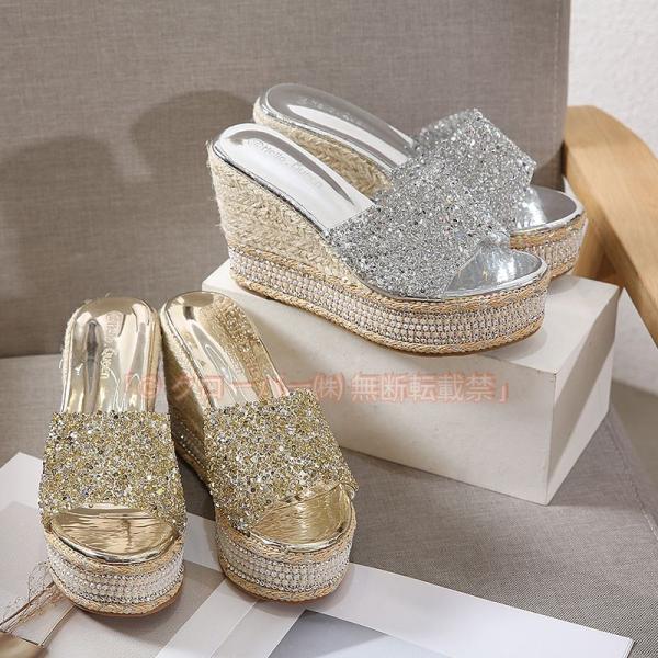 キラキラ サンダル レディース 厚底 ヒール8cm スパンコール ウェッジソール クローバー株式会社 歩きやすい スリッパ ストーム付き おしゃれ 快適 オープントゥ 美脚 身長up 春