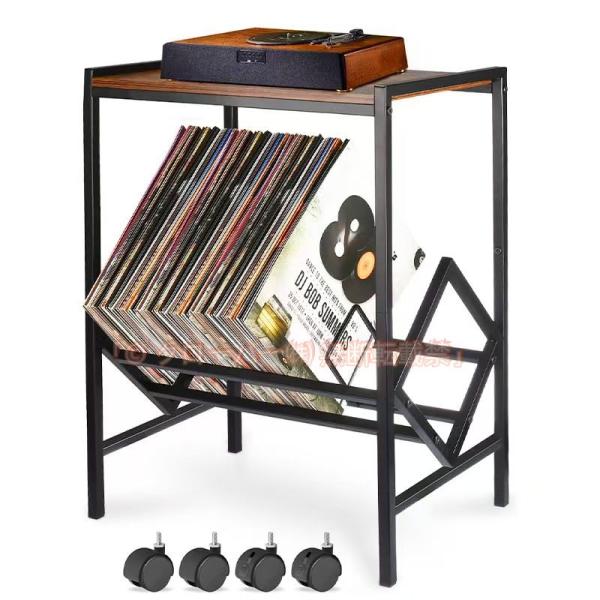 レコードラック レコード台 レコードプレーヤースタンド 最大80枚のアルバム収納 ターンテーブルスタンド マットブラックメタル脚付き レコードプレーヤーテーブ クローバー株式会社