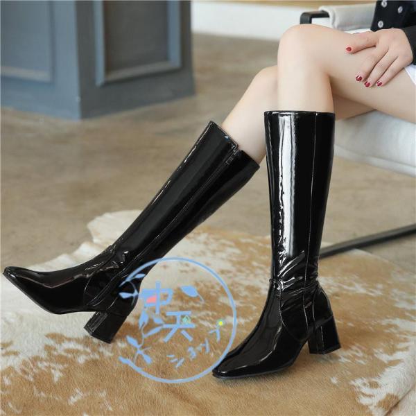 ロングブーツ レディースエナメルブーツ 長靴 履きやすい 太めヒール
