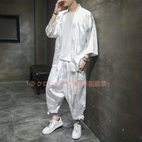 甚平 メンズ 夏 上下セット 浴衣風 作務衣 セットアップ クローバー株式会社 長袖 接触冷感 和式 祭り 男性用 半被 半纏 クール感 花火大会 ゆったり 和風 七分丈パンツ 龍柄