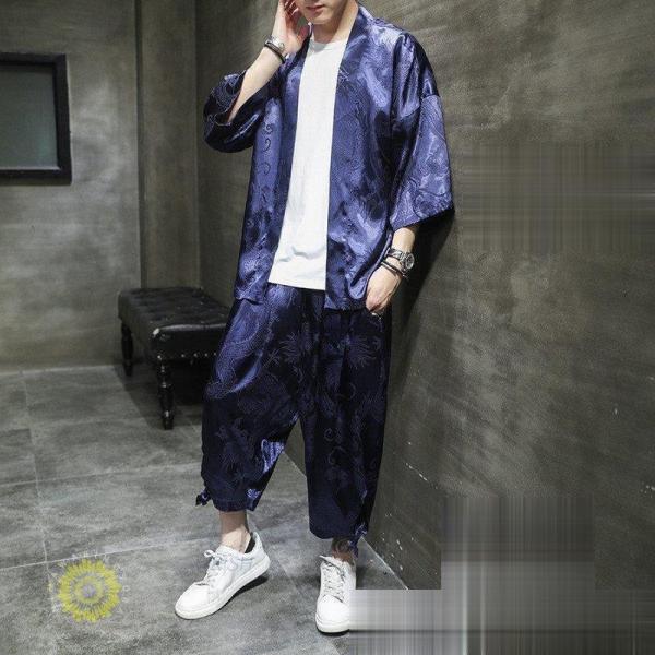 甚平 メンズ 夏 上下セット 浴衣風 作務衣 セットアップ クローバー