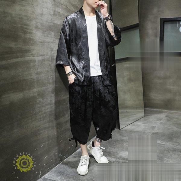 甚平 メンズ 夏 上下セット 浴衣風 作務衣 セットアップ クローバー株式会社 長袖 接触冷感 和式 祭り 男性用 半被 半纏 クール感 花火大会 ゆったり 和風 七分丈パンツ 龍柄 甚平 メンズ 夏 上下セット 浴衣風 作務衣 セットアップ クローバー