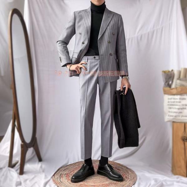 2点セット ジャケット+パンツ ダブルボタン ストライプ柄 ダブルスーツ メンズ 2ピーススーツ クローバー株式会社 6つボタン 結婚式 オールシーズン カジュアルスーツ