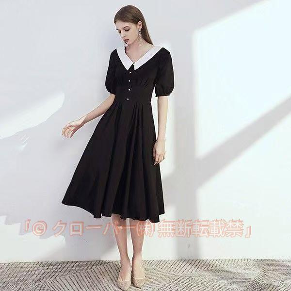 ドレス レディース ミディアムドレス ミモレ丈 演奏会 黒 ドレス クローバー株式会社 ピアノ 発表会 パーティードレス アンティーク 袖あり 袖付き バルーン袖 ポワン袖 パフスリー
