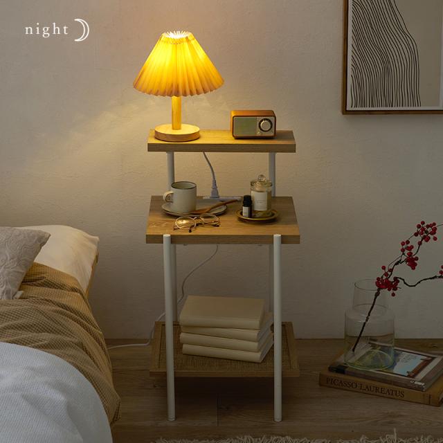 サイドテーブル ナイトテーブル コンセント付き ミニテーブル おしゃれ ラタン調 2口コンセント 寝室 ベッドサイド 棚付き 収納