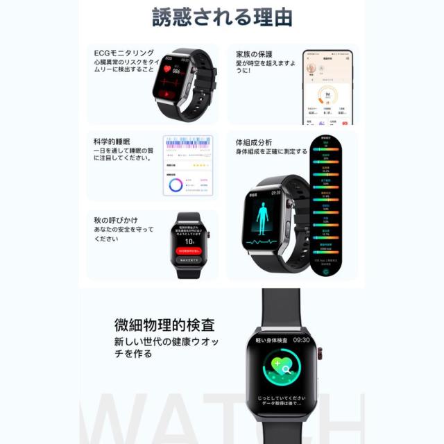 2025最新 スマートウォッチ 医療レベル 血圧 心拍数血液成分 体組成分析 通話機能 ECG心電図 血中脂質 尿酸 血中酸素 体温 日本製センサー SOS緊急連絡 ギフト_2