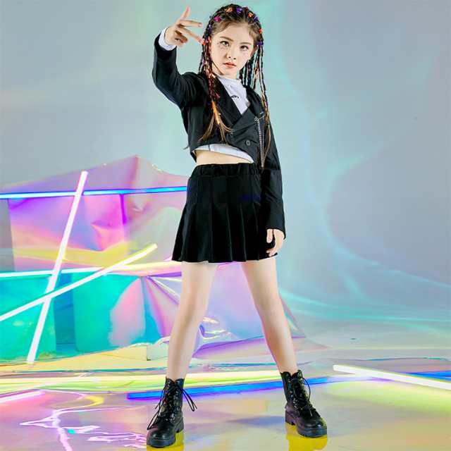 キッズダンス衣装 セットアップ 黒 スーツ 女の子 スーツ ショート丈 トップス へそ出し ジャケット 長袖 ブラック スカート ミニスカート カッごいい ダンスウェア チアガール かっこいい K-POP 韓国 演出服 舞台服 練習着 ストリート ステージ 普段着 子供服_1