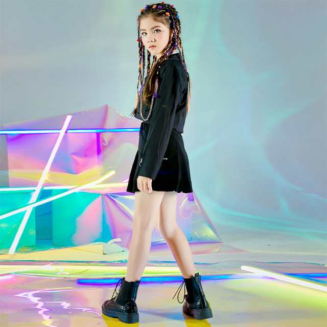 キッズダンス衣装 セットアップ 黒 スーツ 女の子 スーツ ショート丈 トップス へそ出し ジャケット 長袖 ブラック スカート ミニスカート カッごいい ダンスウェア チアガール かっこいい K-POP 韓国 演出服 舞台服 練習着 ストリート ステージ 普段着 子供服_2