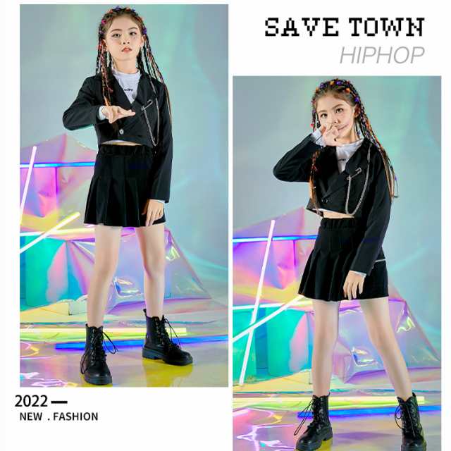 キッズ ダンス衣装 スーツセット 女の子 長袖ジャケット へそ出しトップス ショート丈 ミニスカート ブラック 舞台衣装 チアガール 練習着 K-POP ステージ ストリートファッション 子供用 日常コーデ_3