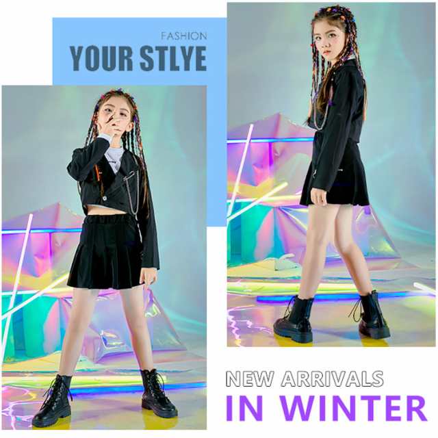 キッズ ダンス衣装 スーツセット 女の子 長袖ジャケット へそ出しトップス ショート丈 ミニスカート ブラック 舞台衣装 チアガール 練習着 K-POP ステージ ストリートファッション 子供用 日常コーデ_5