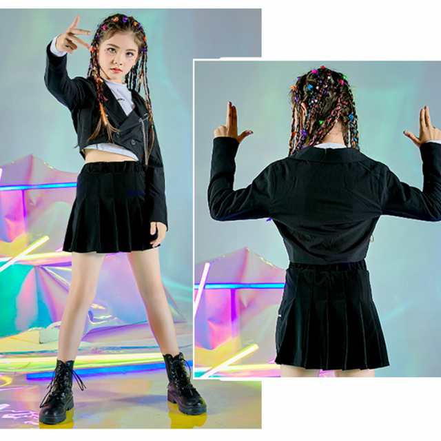 キッズ ダンス衣装 スーツセット 女の子 長袖ジャケット へそ出しトップス ショート丈 ミニスカート ブラック 舞台衣装 チアガール 練習着 K-POP ステージ ストリートファッション 子供用 日常コーデ_6