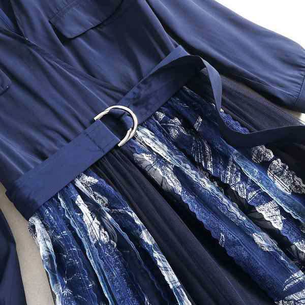 ドレス ワンピース ゴージャス 長袖 ドッキング シャツワンピ カシュクール チュール 花柄 レースネイビー細見え 通学 マダム 30代40代50_3