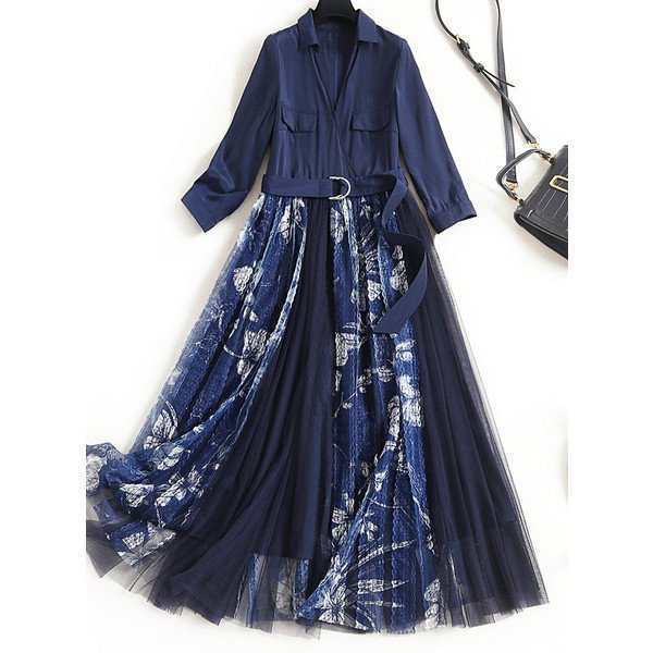 ドレス ワンピース ゴージャス 長袖 ドッキング シャツワンピ カシュクール チュール 花柄 レースネイビー細見え 通学 マダム 30代40代50_7