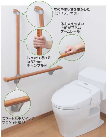 ひじ掛け付き木製 L型手すり