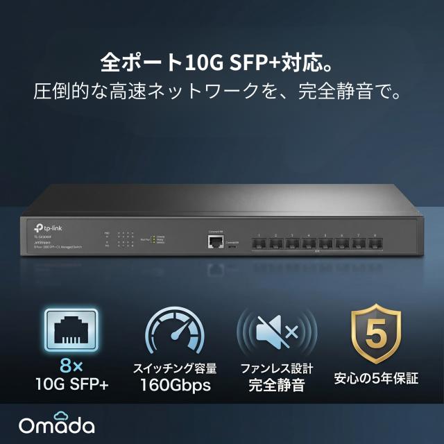 TP-Link Omada TL-SX3008F 10G SFP+ スイッチ 8ポート L2+ マネージド 160Gbps ファンレス 静音 ERPS Omada SDN 5年保証 データセンター