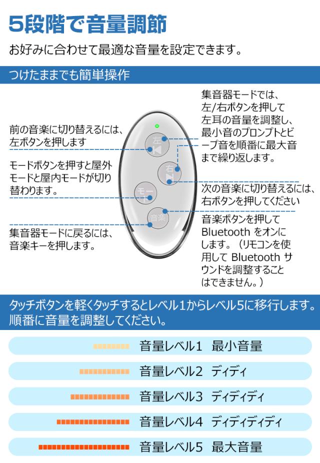 集音器 充電式 ENCノイズ低減 ハウリング抑制 イヤホン型 bluetooth 両耳片耳 軽量 5段階調整 リモコン 最大100時間連続 プレゼント 敬老の日_5