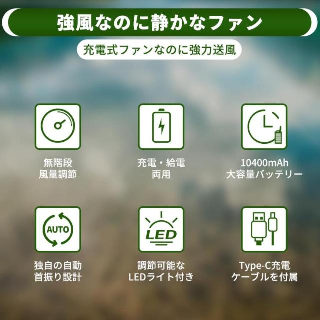 扇風機 卓上 携帯扇風機 卓上USB扇風機 ミニ扇風機 大風量 10400mAh 大容量 強風 車載 低騒音 軽量 充電式 キャンプ ピクニック テント_1