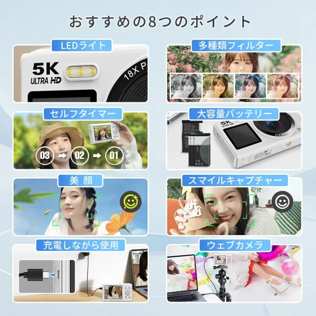 デジカメ WIFI対応 デジタルカメラ カメラ コンデジ 5K 日本製チップ 64GBマイクロSDカード付 8000万画素 初心者向け デュアルレンズ スマホに送れる 18倍ズーム ウェブカメラ バッテリー2枚 子供 修学旅行 スマホ転送