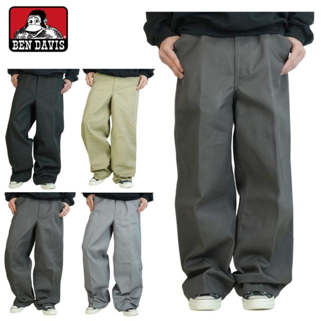 BEN DAVIS ベンデイビス USA企画ゴリラカット ワークパンツ GORILLA CUT WORK PANTSカーキ ライトグレー チャコール ブラック ネイビー極太 太め バギー ストレート男女兼用 灰色 黒 白 ベージュ ロゴ タグ