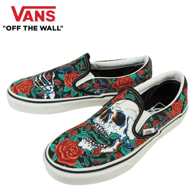 バンズ VANS ヴァンズ【箱無し】CLASSIC SLIP ON クラシック スリッポン スリップオンROSE SKULLS BLACK/TRUE WHTローズ スカルズ ブラック/トゥルーホワイトメンズ レディース スニーカー 靴 スケボー ローカット バラ 骸骨 髑髏 スケシュー 紐