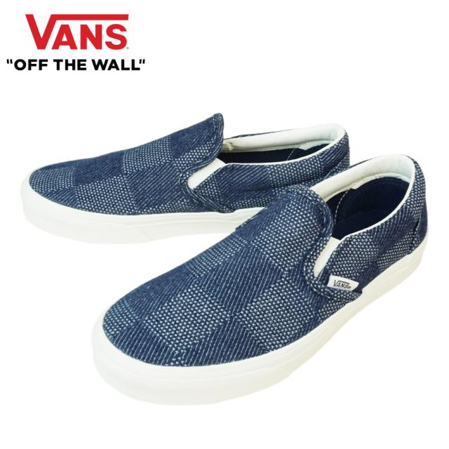 VANS スニーカーVANS ヴァンズ バンズ【箱なし】CLASSIC SLIP ON スリッポン スリップオンDENIM CHECK NAVY デニム チェック ネイビーチェッカーボード 紺 ジーンズ チェックパッチワーク メンズ レディース LA 靴 紐無し