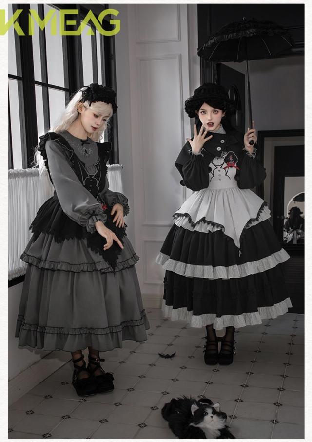 新品未使用 ゴシックデザイン 古堡之夜 ロリータワンピース 2色選択可（グレー/ブラック） 大きな刺繍入りスカート 腰帯＋リボン付き 秋冬対応 撮影会 推し活 舞台演出 イベント用 レディース 高品質 プレゼントにも最適 新品未使用 ゴシックデザイン 古堡之夜 ロリータワンピース 2色選択可