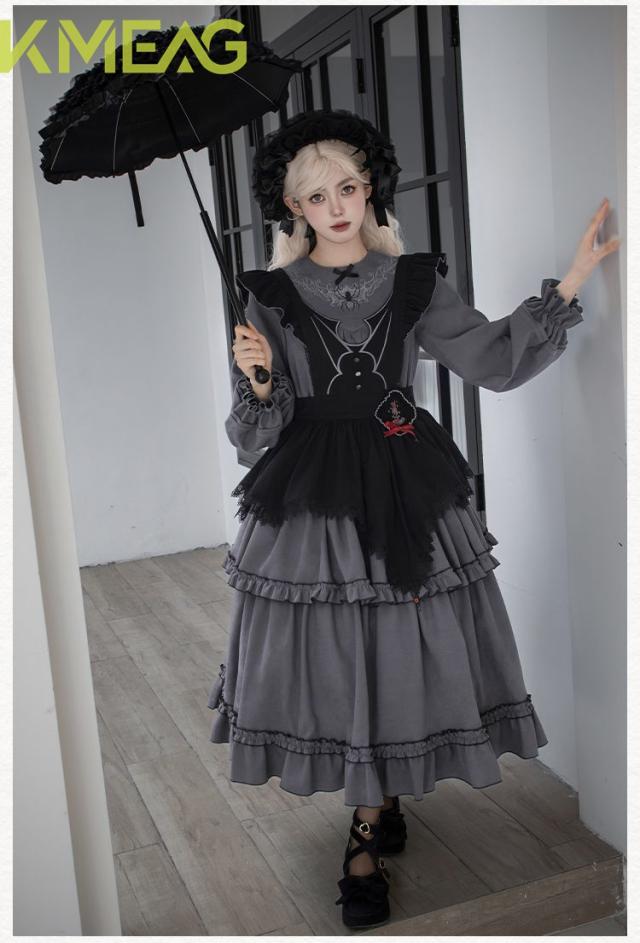 新品未使用 ゴシックデザイン 古堡之夜 ロリータワンピース 2色選択可（グレー/ブラック） 大きな刺繍入りスカート 腰帯＋リボン付き 秋冬対応 撮影会 推し活 舞台演出 イベント用 レディース 高品質 プレゼントにも最適 新品未使用 ゴシックデザイン 古堡之夜 ロリータワンピース 2色選択可