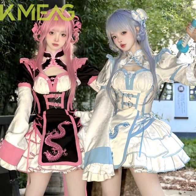 豪華刺繍入り ドラゴンモチーフ 甘辛デザイン 長袖ワンピース ピンク