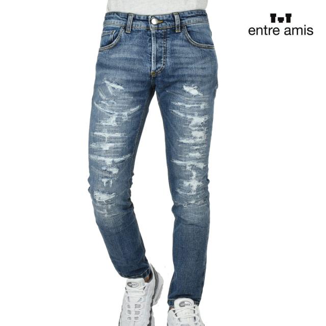アントレアミ entre amis 8177/1122L327 デニムパンツ ジーンズ ジーパン ダメージ加工 ストレッチ ボタンフライ スリムフィット インディゴ メンズ【送料無料】