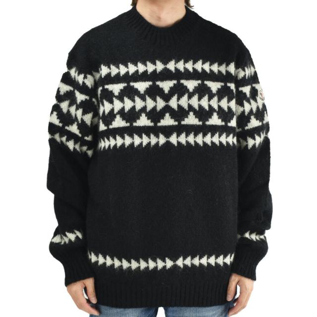 モンクレール モヘアジャガードセーター メンズ ニット ウール クルーネック ブラック GIROCOLLO TRICOT MONCLER 【送料無料】