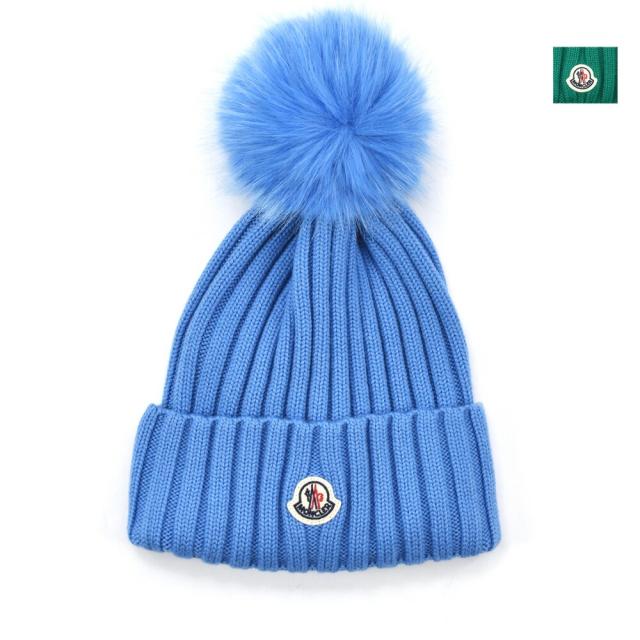 モンクレール MONCLER ニット帽 レディース ビーニー ニットキャップ エコファーポンポン付き ウールニット帽 ブルー グリーン BERRETTO TRICOT【送料無料】