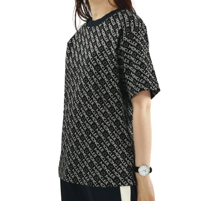 モンクレール Tシャツ レディース 半袖 カットソー クルーネック ロゴパターン ブラック 黒 MONCLER 【送料無料】_1