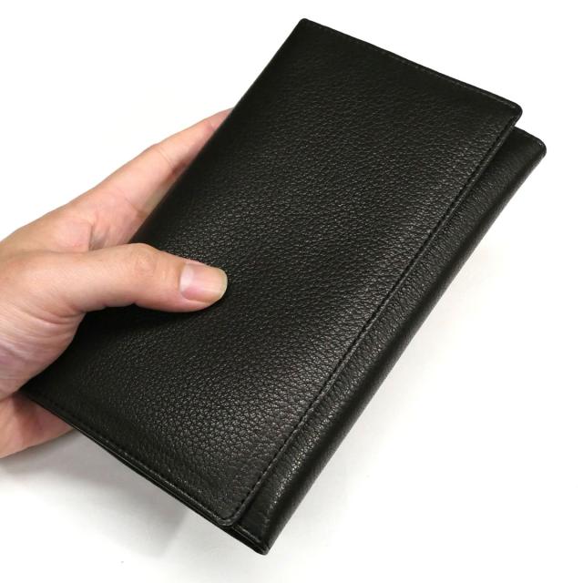 三つ折り財布 長財布 マチなし 薄型 ファスナー収納 パスポート 本革 シカ革 鹿革 ディアスキン オイル ブラック 三つ折り財布 長財布 マチなし 薄型 ファスナー収納 パスポート 本革