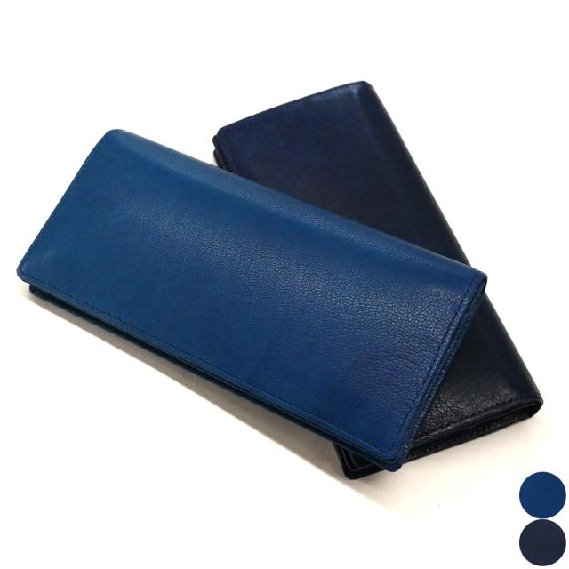 長財布 通しまち 小銭入れなし 本革 ヤギ革 山羊革 ゴートレザー キッド インディゴ 全２色